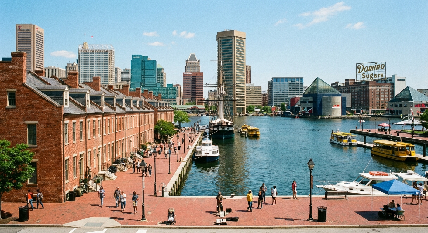 Baltimore harbor and row-house neighborhoods with laundromat investment highlights