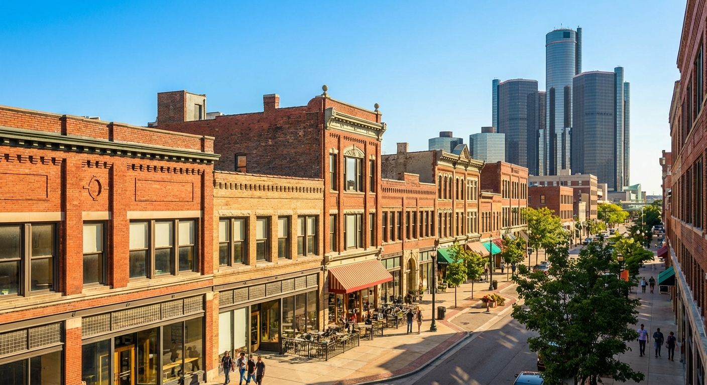 Detroit cityscape with laundromat investment opportunity highlights across metro neighborhoods