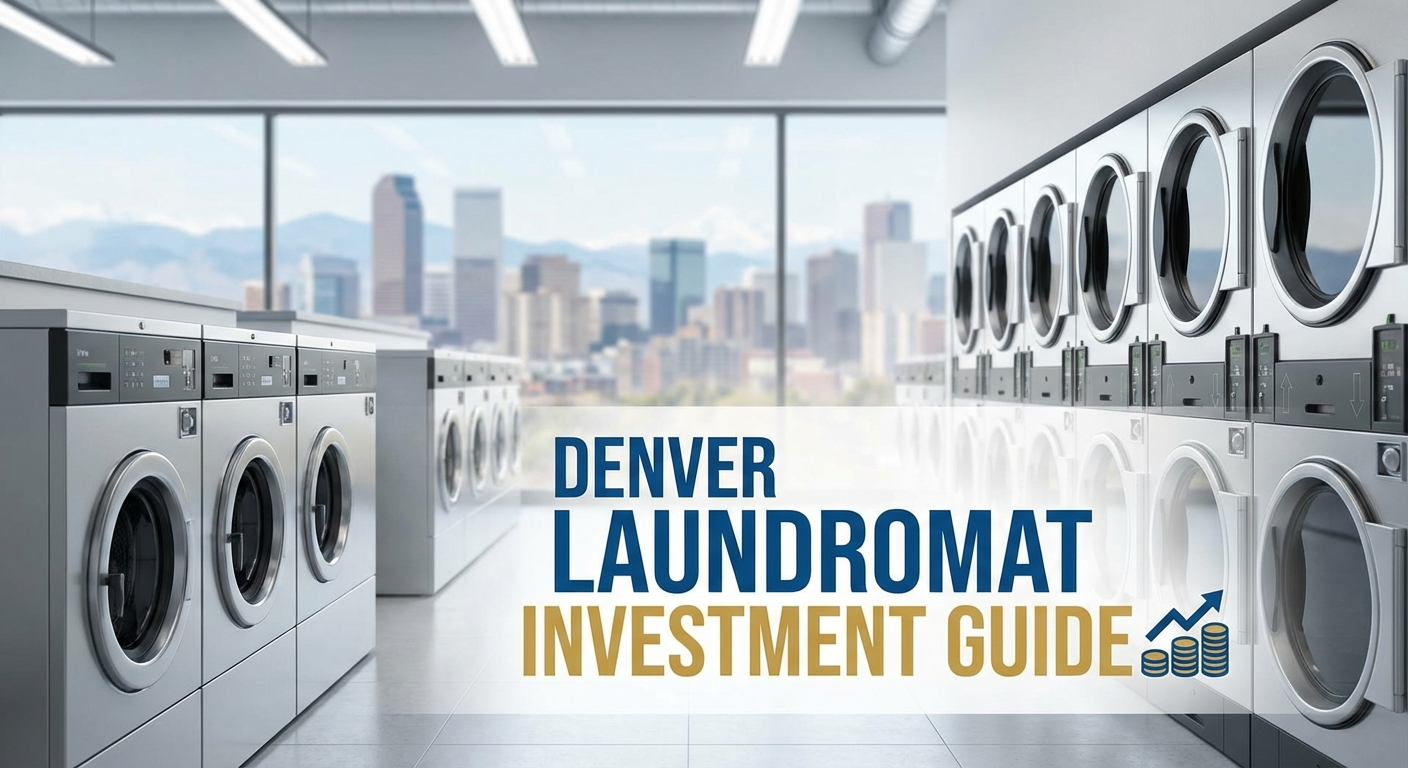 Denver skyline with Rocky Mountains and laundromat market data