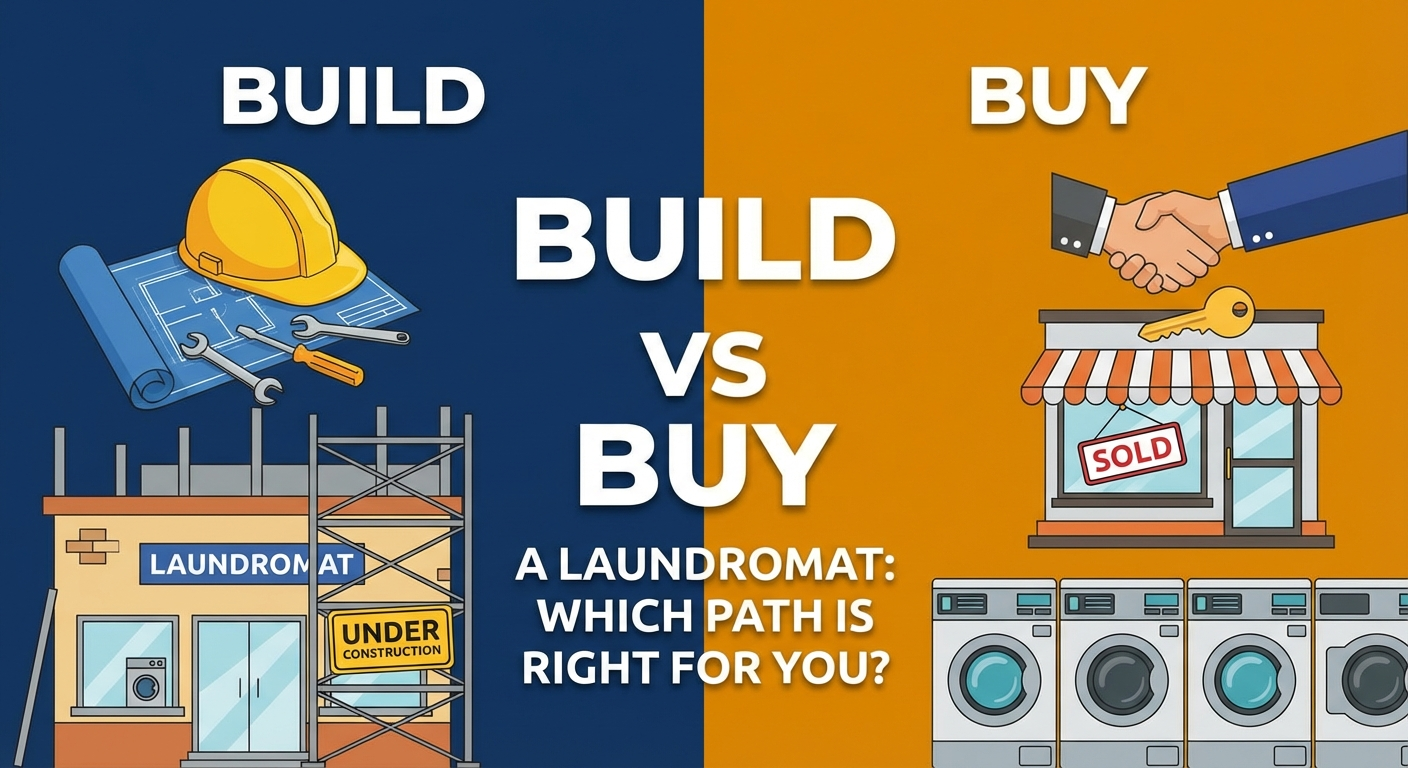 Split comparison of building a new laundromat versus buying an existing one