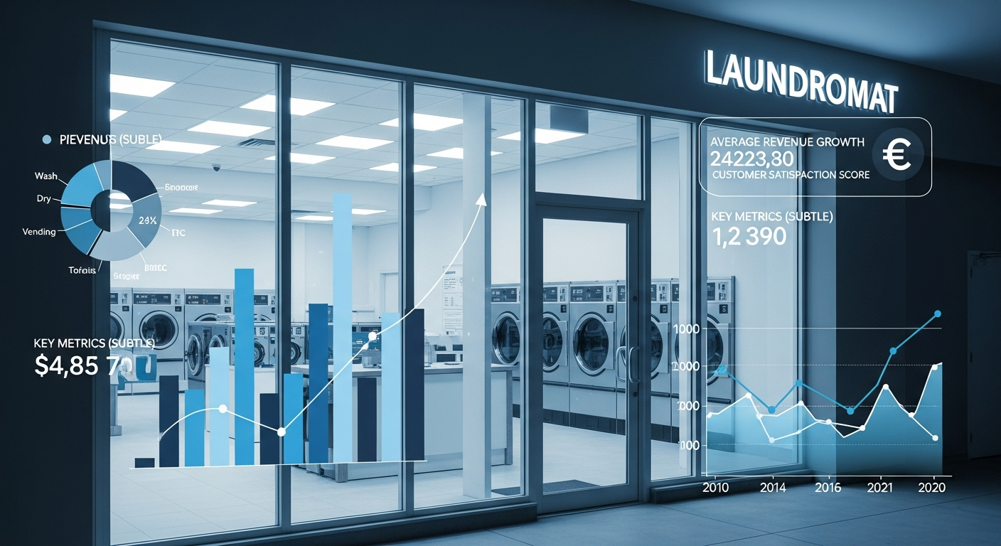 Laundromat market report thumbnail showing modern storefront with financial analytics overlays