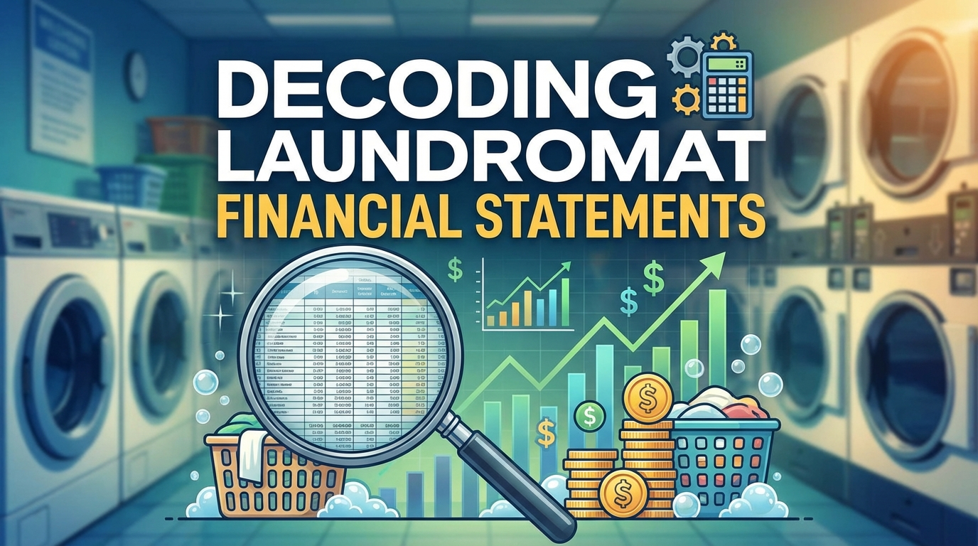 Financial documents and calculator showing laundromat P&L analysis