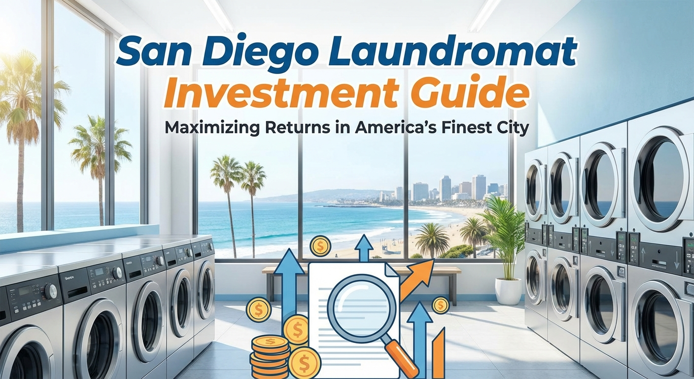 San Diego coastline and Gaslamp Quarter with laundromat market data
