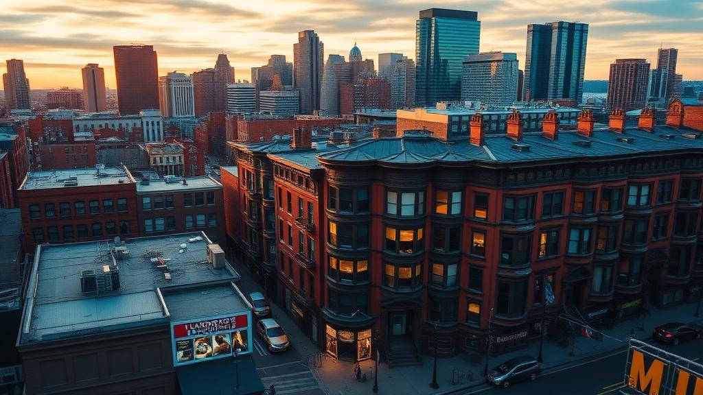 Boston cityscape with laundromat investment opportunity highlights across neighborhoods