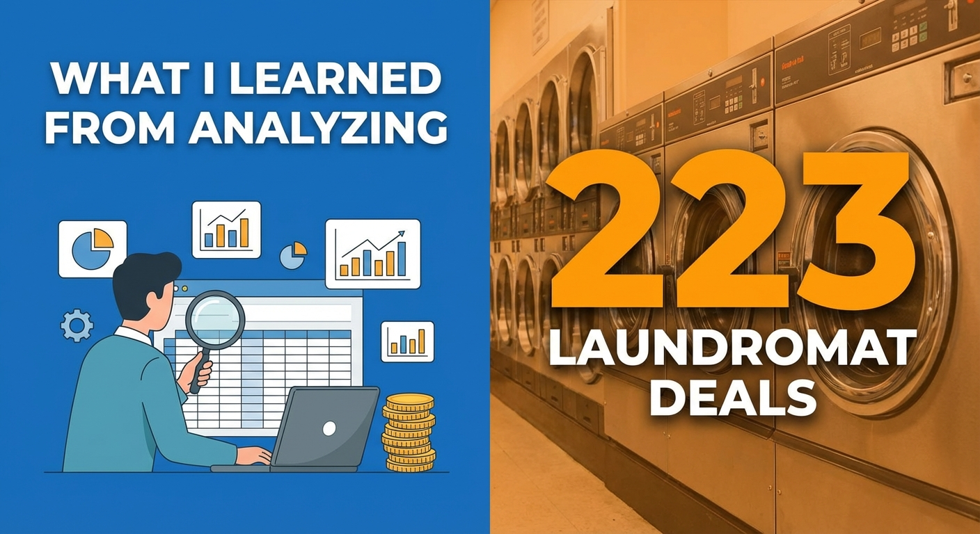 Spreadsheet analysis of 223 laundromat listings with pricing and cash flow data