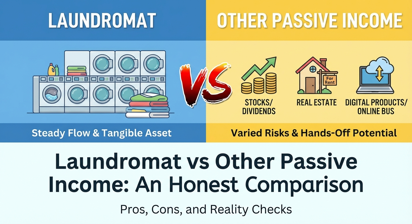 Side-by-side comparison of laundromat ROI versus rental property and dividend investing