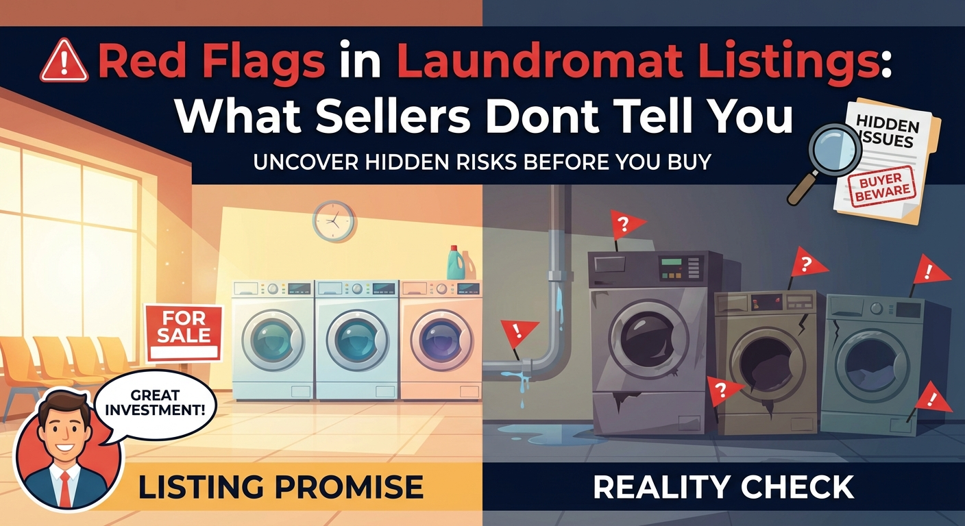 Laundromat listing with highlighted misleading phrases and broker language decoded